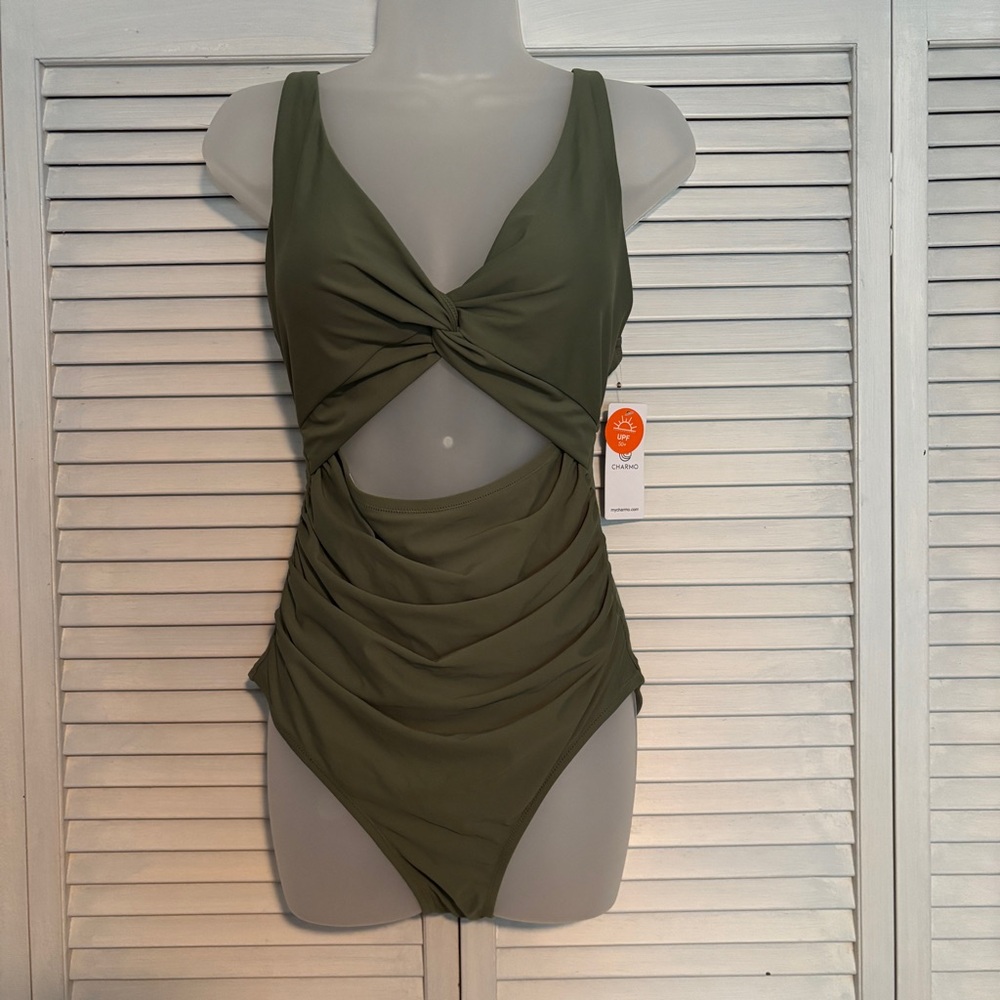 Charmo Womens One Piece Swimsuit Ruched Tummy Control High Cut Backless V Neck